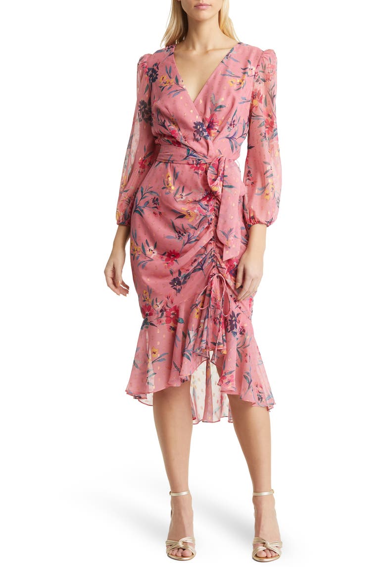 Metallic Fleck Floral Long Sleeve Body-Con Dress, Main, color, BLUSH