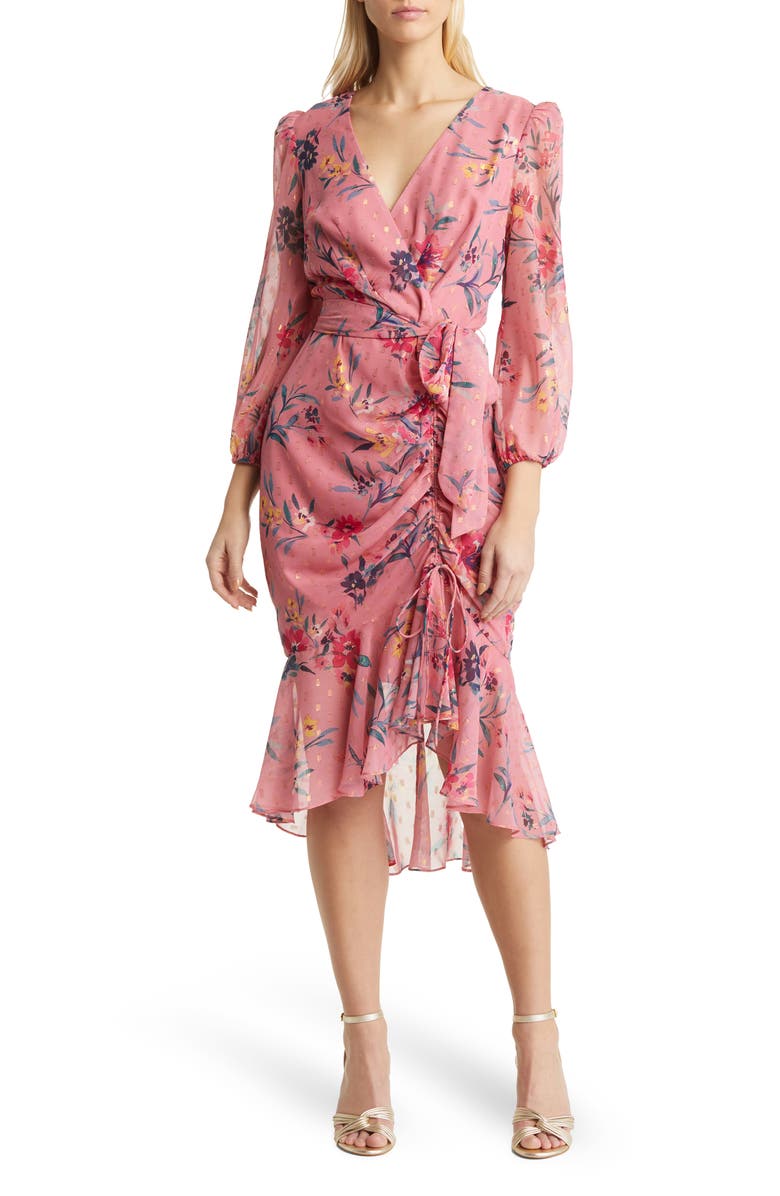 Eliza J Metallic Fleck Floral Long Sleeve Body-Con Dress, Main, color, Blush