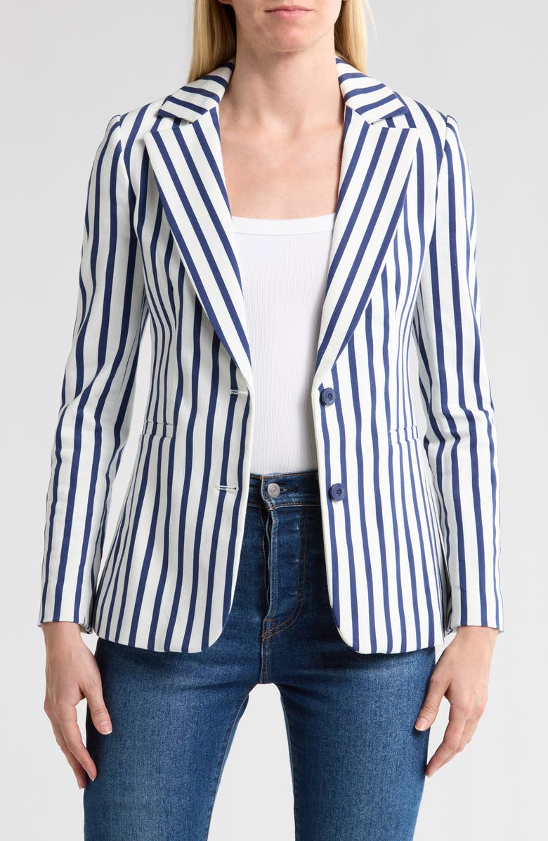 Alice + Olivia Breann Stripe Notch Lapel Blazer, Main, color, Admiral Stripe Indigo