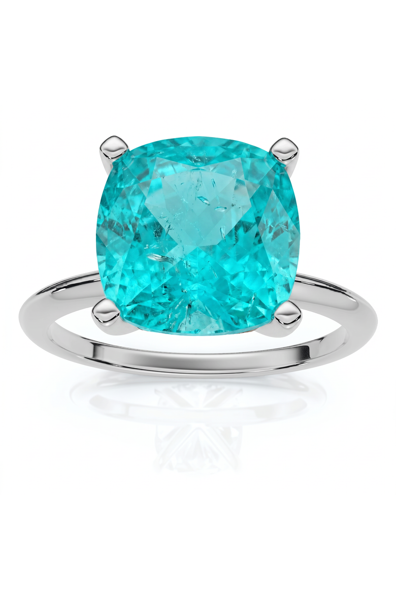 6 1/2Ct Cushion Paraíba Solitaire Ring 14k Gold Lab Grown 10MM, Main, color, 14k White Gold