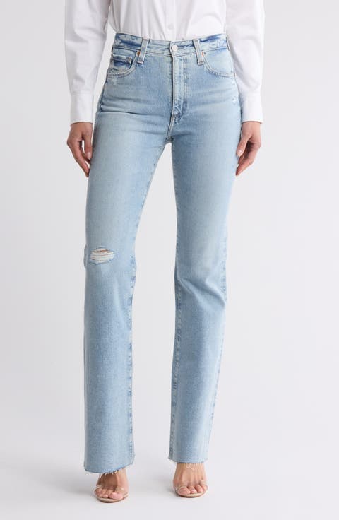 Alexxis High Waist Raw Hem Bootcut Jeans (Summer Solstice)