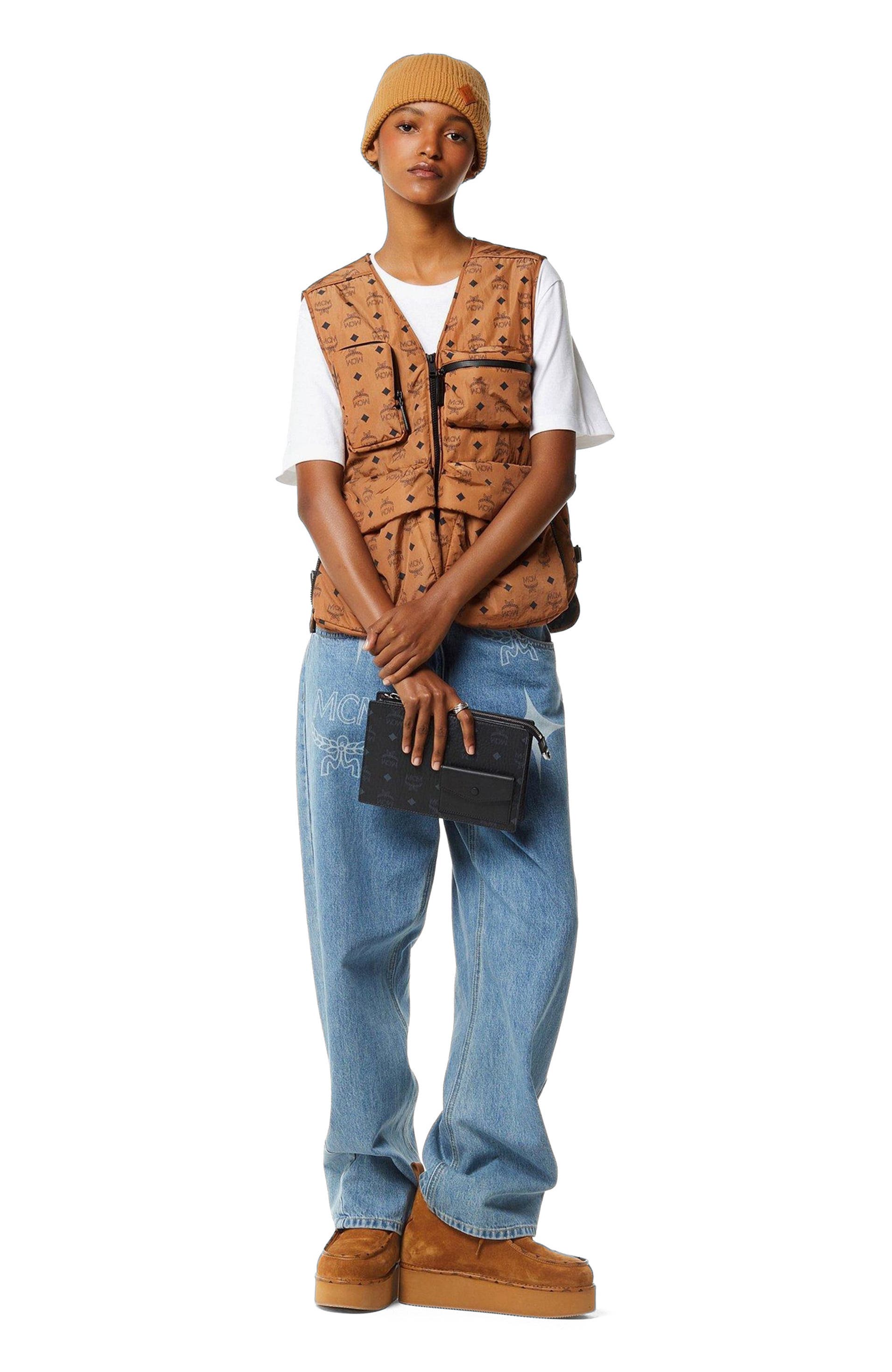 MCM Aren Standing Crossbody Pouch in Visetos, Alternate, color, Black