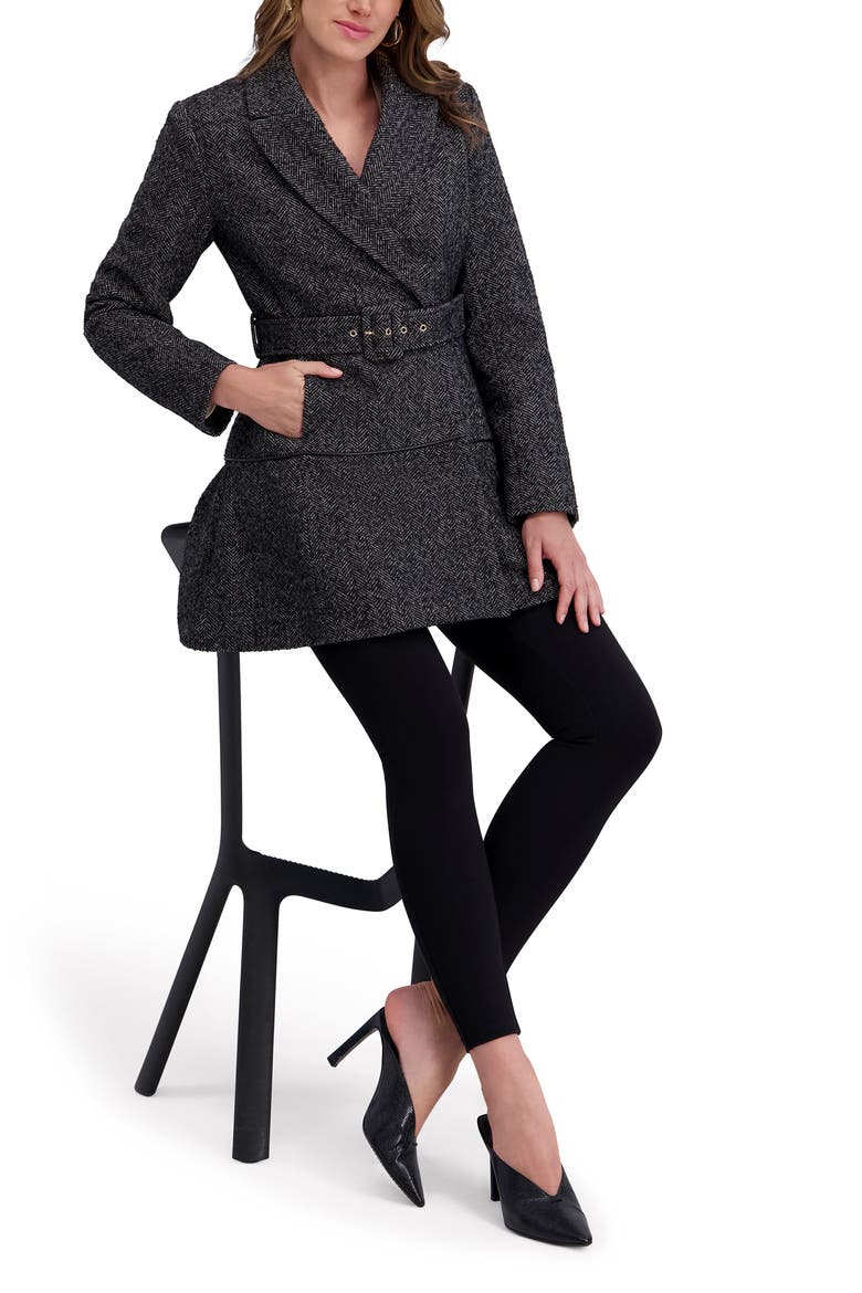 Herringbone Belted Flared Coat, Alternate, color, BLACK/ WHITE