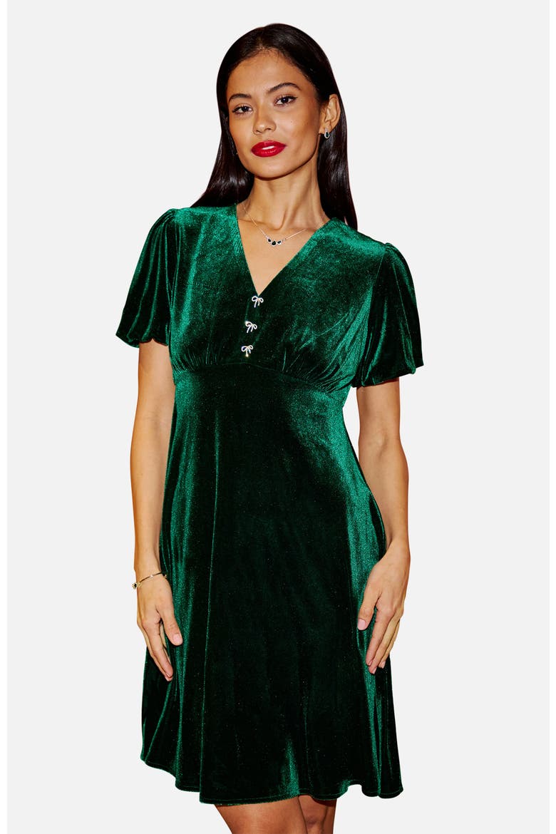 Velvet Diamante Detail Skater Dress, Main, color, Green