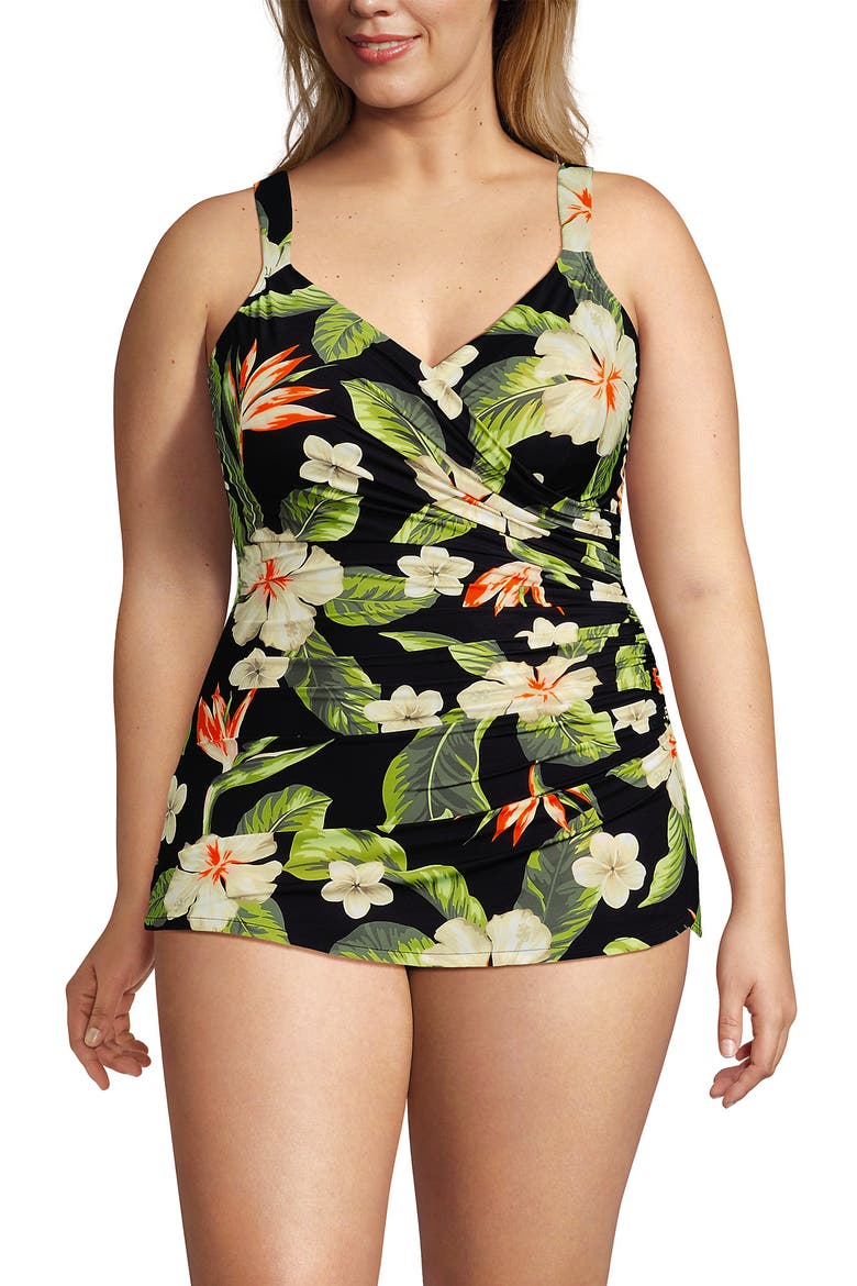 Plus Size SlenderSuit V-Neck Skirted Low Leg One Piece, Main, color, Hibiscus Floral/Black