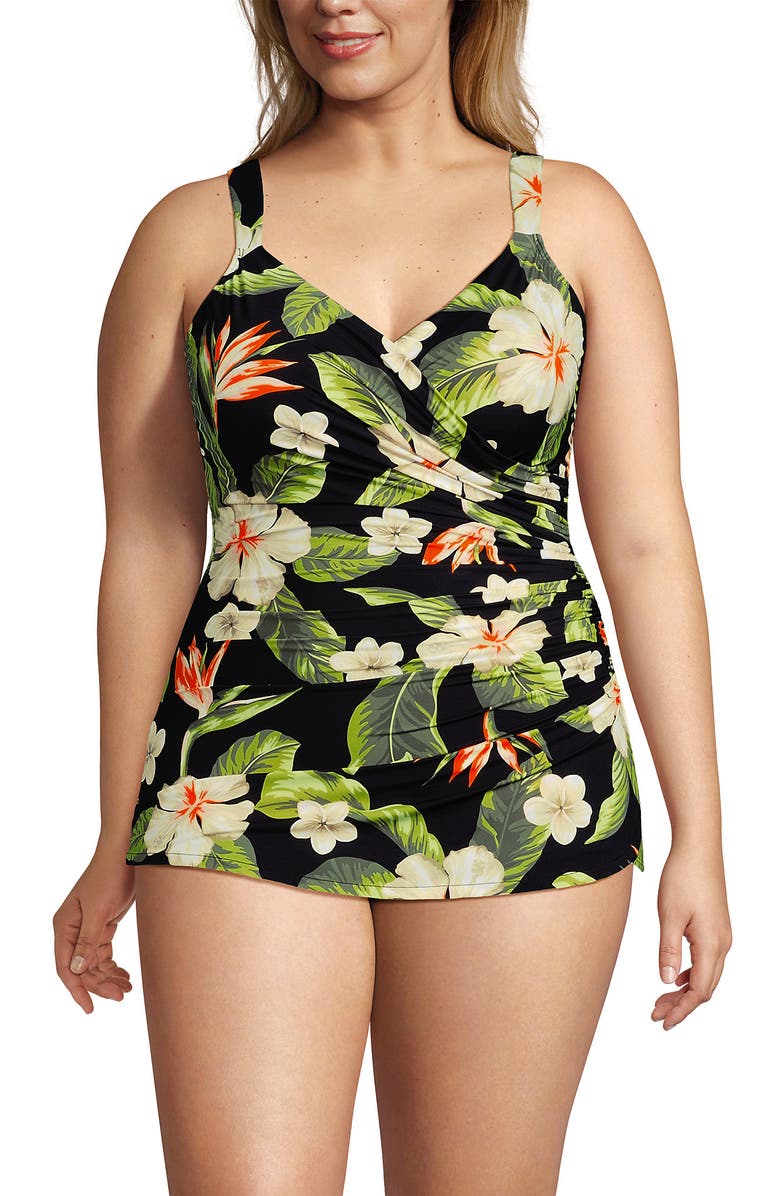 Lands' End SlenderSuit V-Neck Skirted Low Leg One Piece, Main, color, Hibiscus Floral/Black