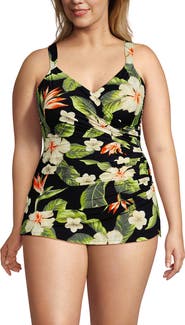 Lands' End SlenderSuit V-Neck Skirted Low Leg One Piece