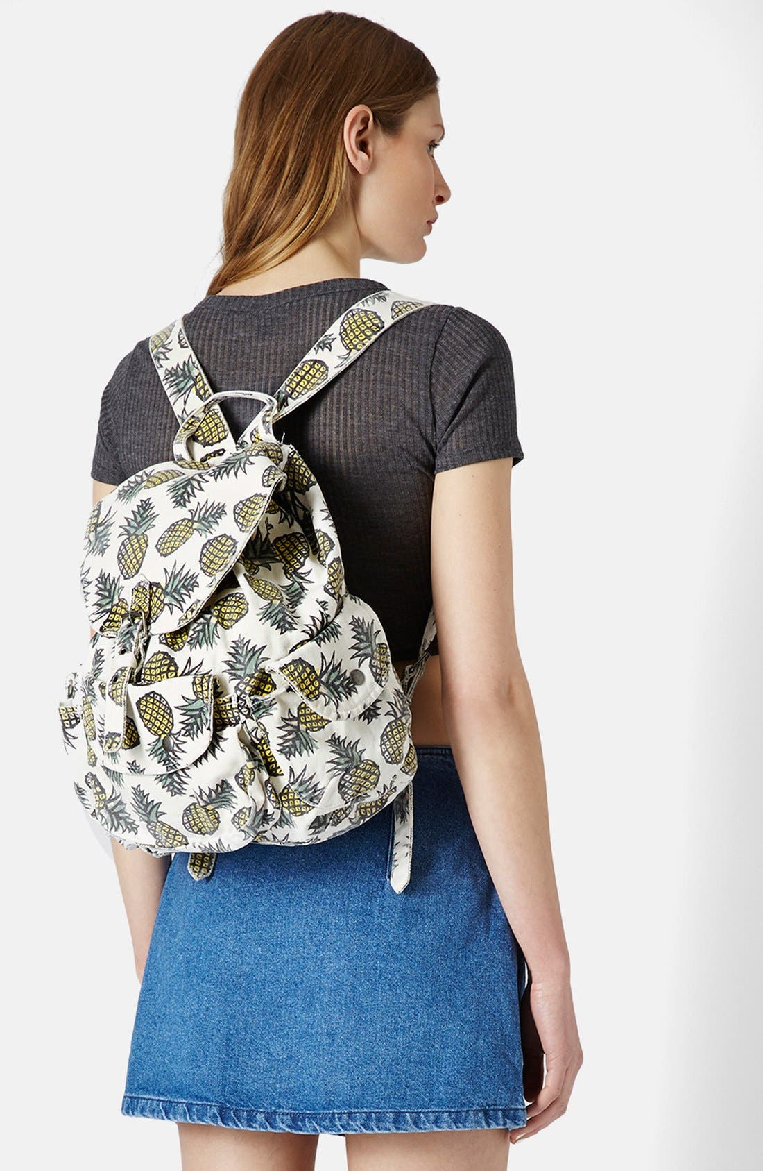 Pineapple Print Denim Backpack, Alternate, color, YELLOW