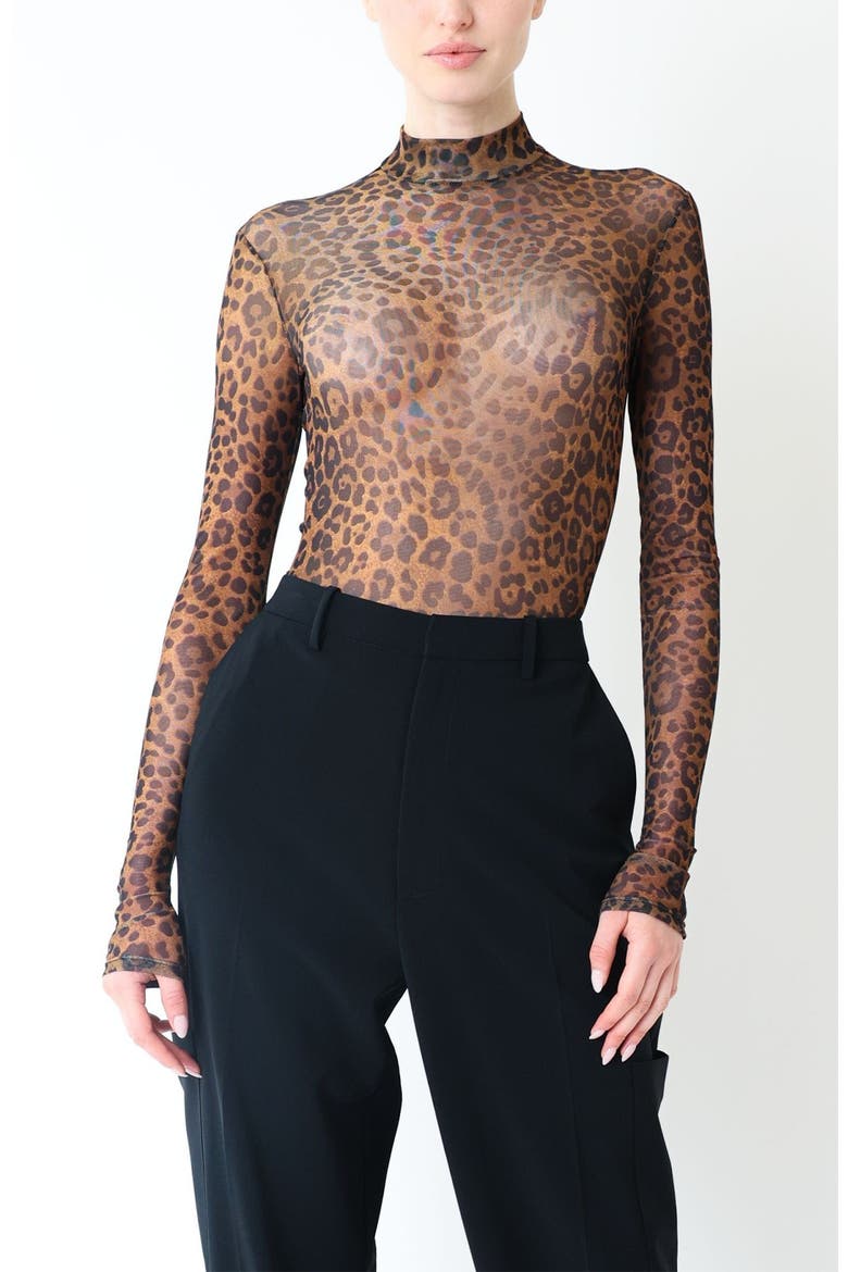 Printed Mesh Mock Neck Bodysuit, Main, color, Leopard