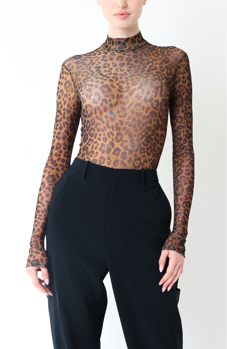 LAPOINTE Printed Mesh Mock Neck Bodysuit, Main, color, Leopard