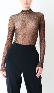 LAPOINTE Printed Mesh Mock Neck Bodysuit