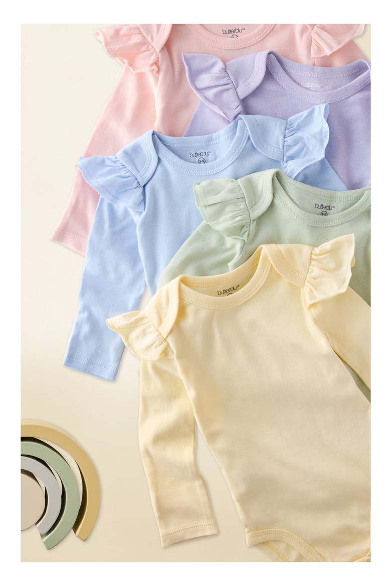 Ashley Ruffle Long Sleeve Organic Cotton Assorted 5-Pack Bodysuits, Alternate, color, HAZE