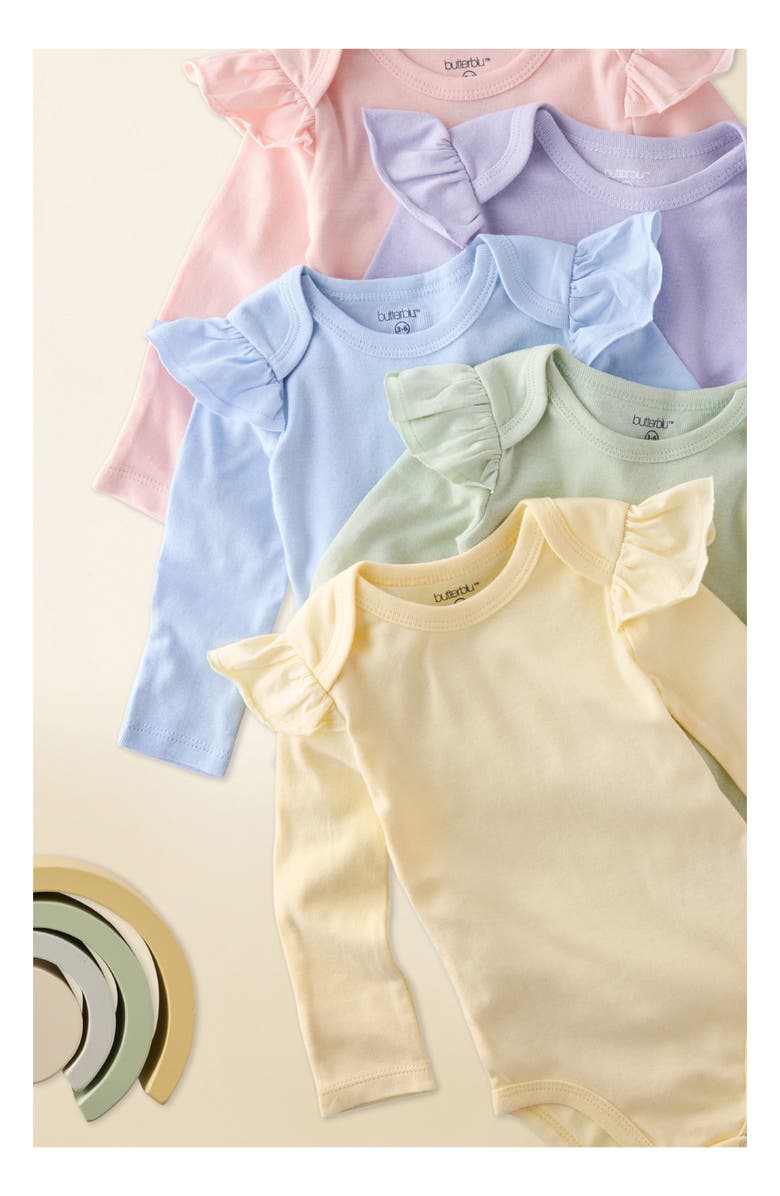 BUTTERBLU Ashley Ruffle Long Sleeve Organic Cotton Assorted 5-Pack Bodysuits, Alternate, color, Haze