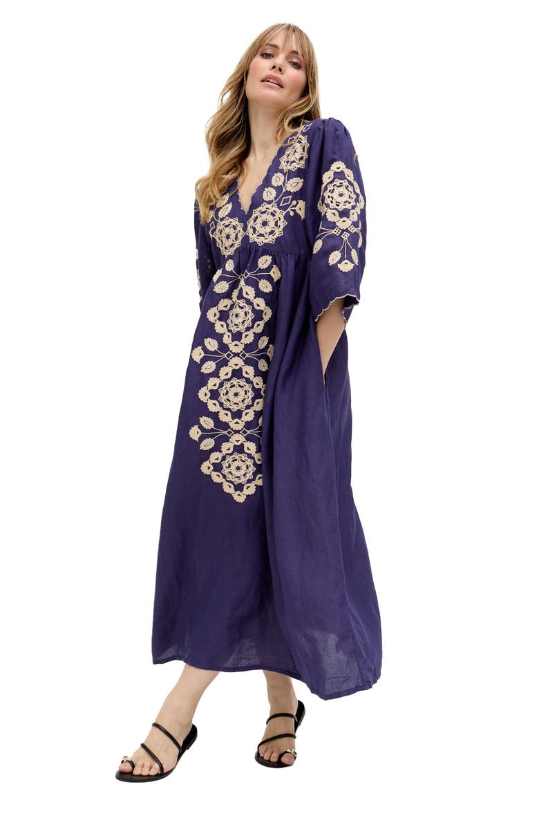 Raffya Arianna V- Neck Embroidered Maxi Dress, Alternate, color, Navy