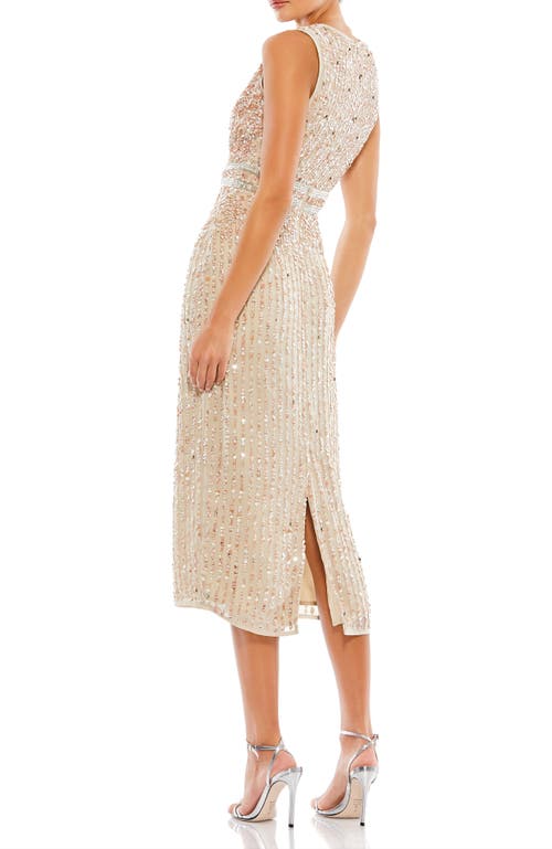 Mac Duggal Sleeveless High Neck Beaded Midi Sheath Dress In Nude