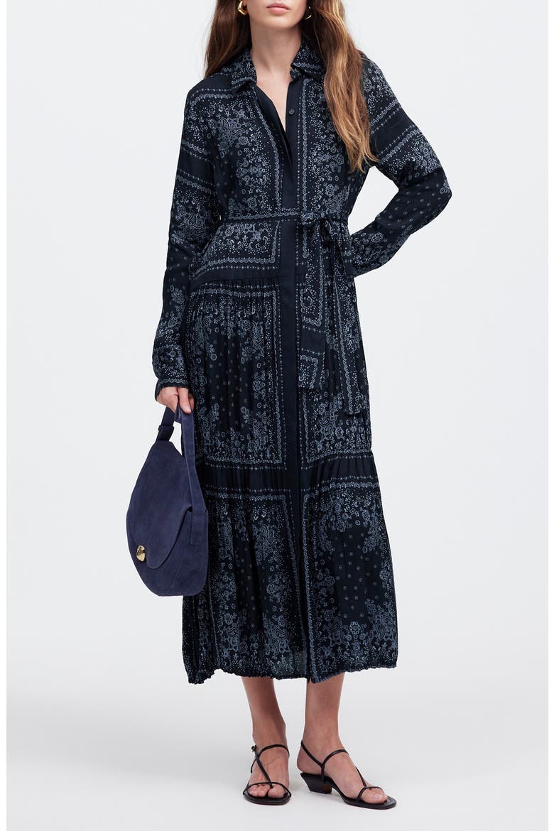 Bandana Print Relaxed Long Sleeve Tiered Midi Dress, Main, color, DARK NAVY