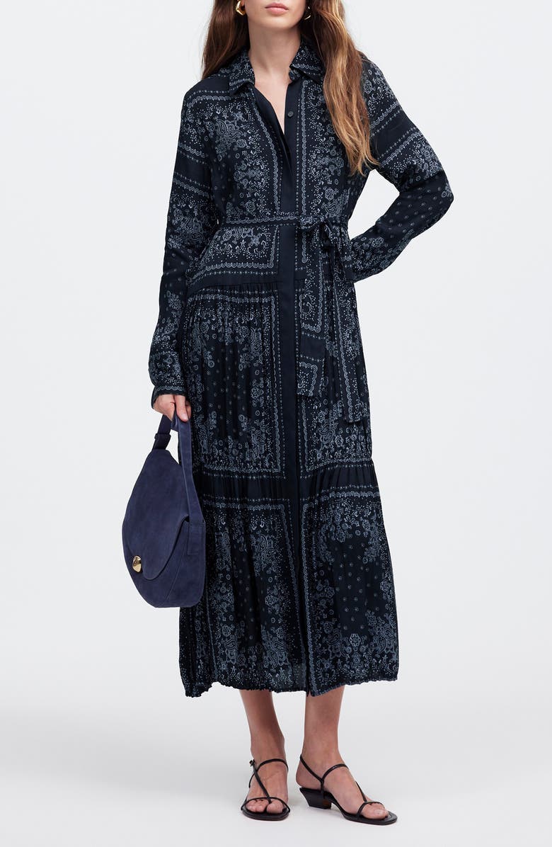 Madewell Bandana Print Relaxed Long Sleeve Tiered Midi Dress, Main, color, Dark Navy