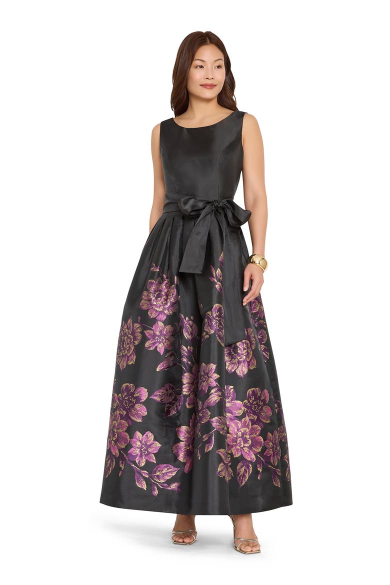 Placed Metallic Floral Sleeveless Gown, Alternate, color, BLACK CRANBERRY