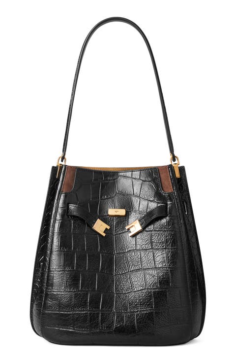 Lee Radziwill Croc Embossed Leather Bucket Bag