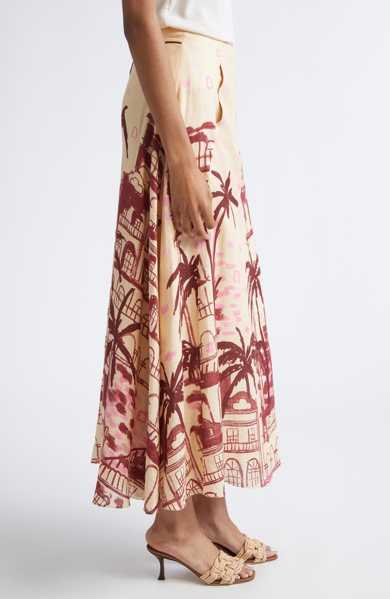 Johanna Ortiz Steps of Joy Tropical Print A-Line Linen Skirt, Alternate, color, Ecru / Wine