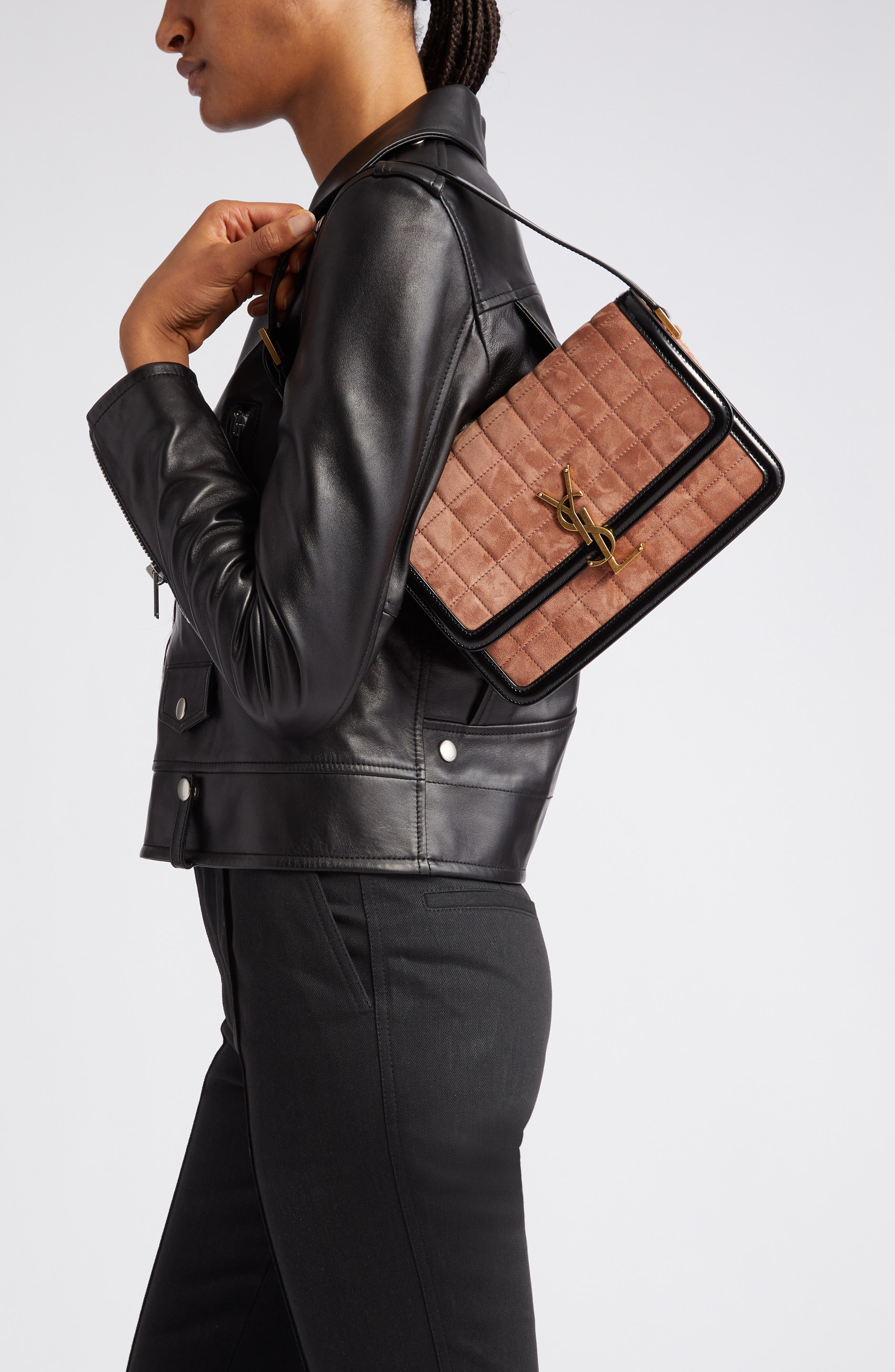 Saint Laurent Medium Solferino Suede Shoulder Bag, Alternate, color, Peach Flower/ Noir