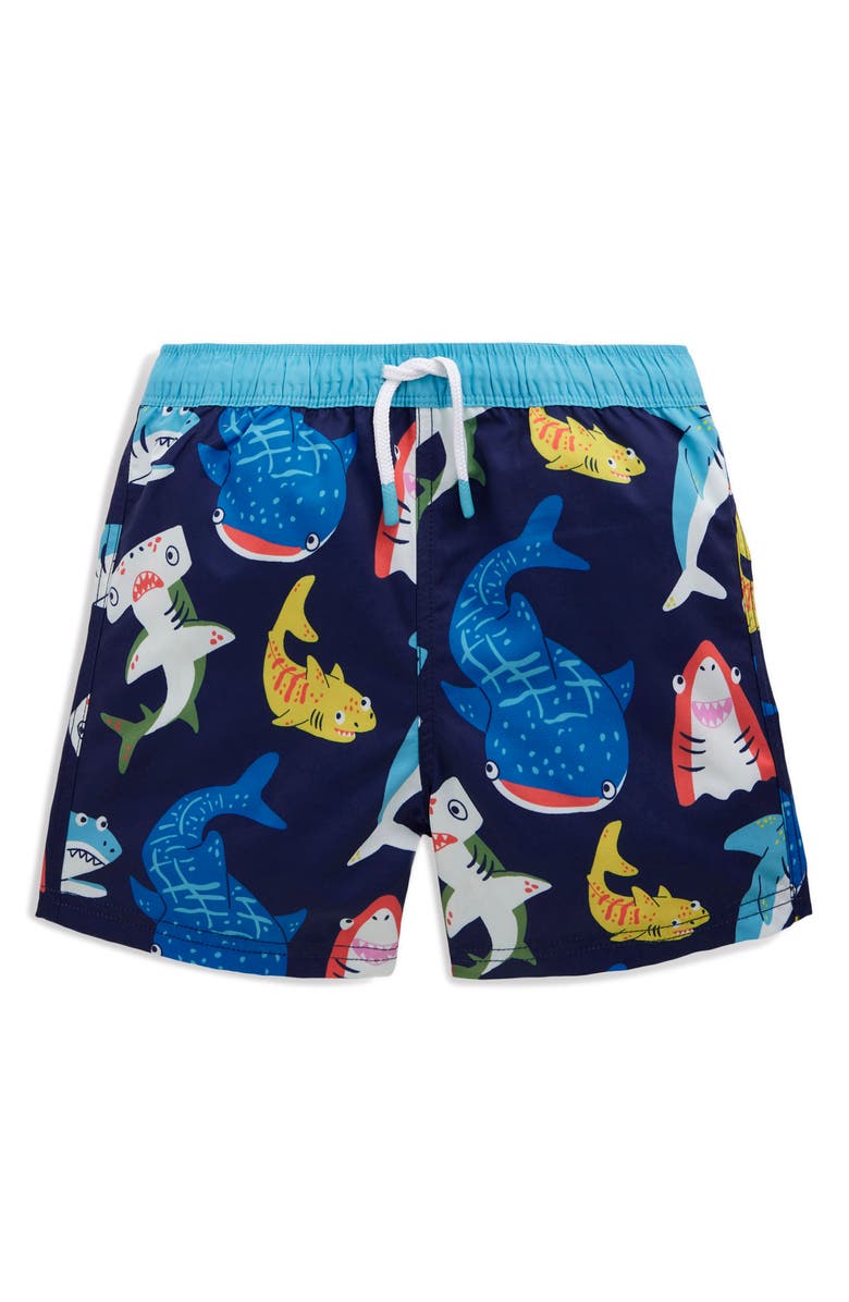 Mini Boden Kids' Print Swim Trunks, Main, color, Navy Sharks