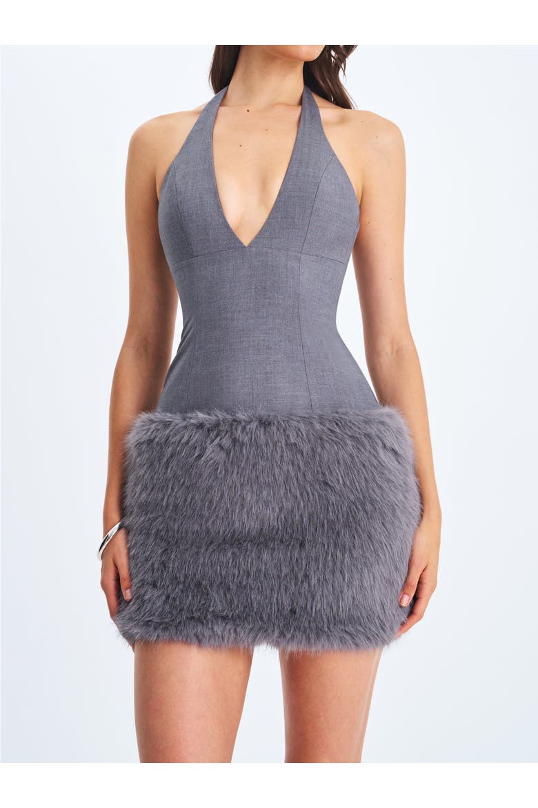 Daisy Drop Waist Fur Trim Halter Mini Dress, Alternate, color, Grey