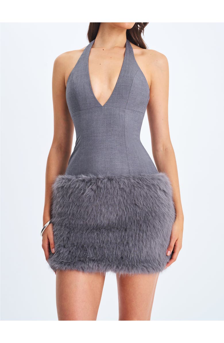 Miss Circle Daisy Drop Waist Fur Trim Halter Mini Dress, Alternate, color, Grey