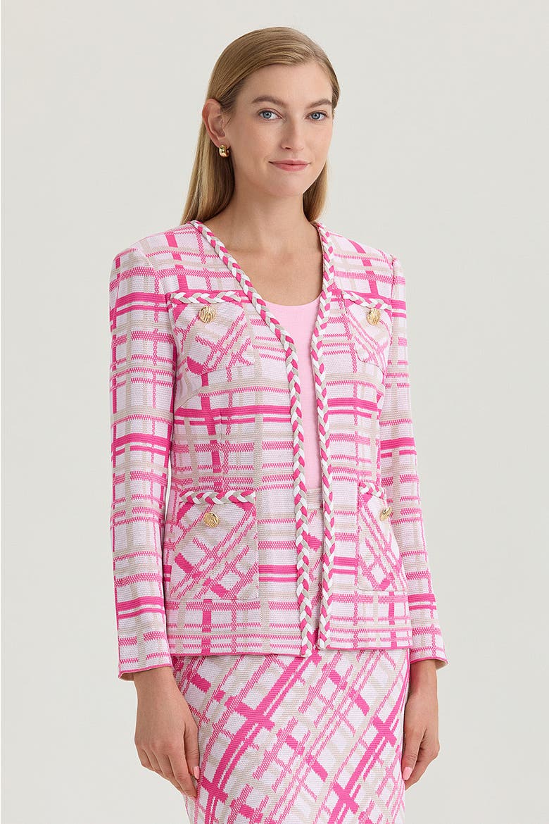 Heritage Braided Trim Plaid Knit Jacket, Alternate, color, Carmine Rose/Pink