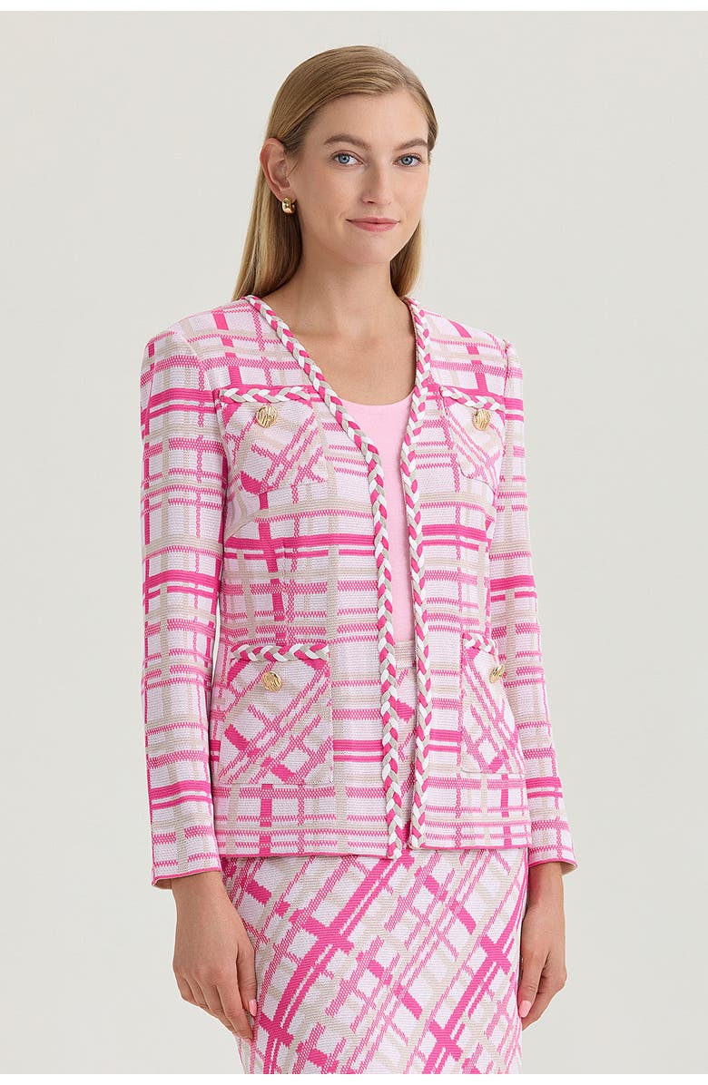 Ming Wang Heritage Braided Trim Plaid Knit Jacket, Alternate, color, Carmine Rose/Pink