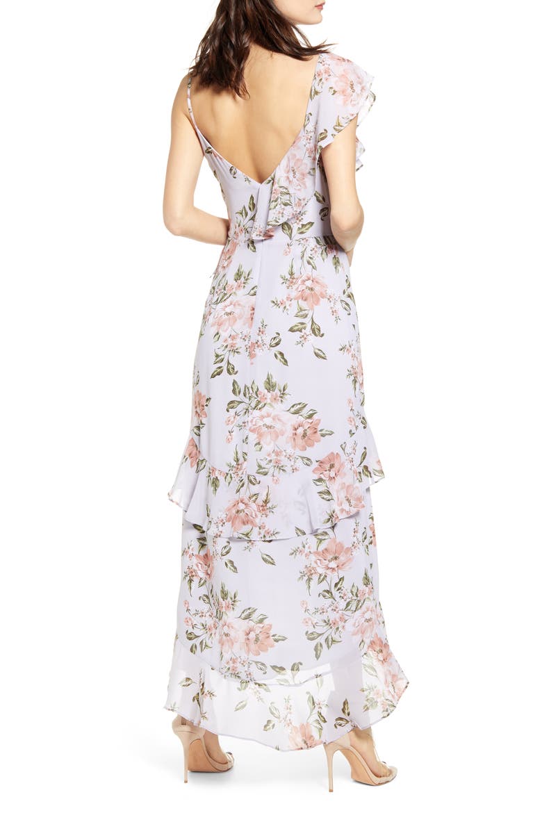 Morgana Floral Tiered Ruffle Asymmetrical Sleeve Maxi Dress, Alternate, color, DUSTY BLUE FLORAL