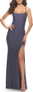 La Femme Long Prom Dress in Luxurious Jersey with Slit