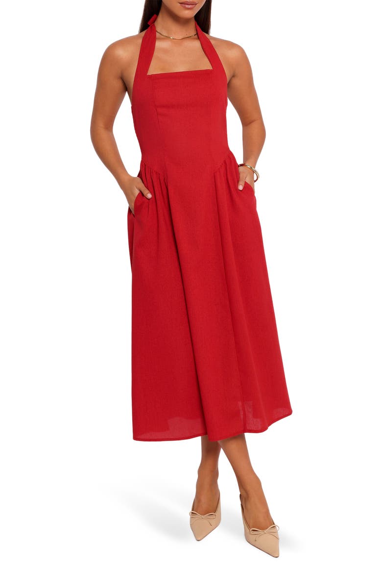 Ramona Linen Halter Midi Dress, Main, color, RED