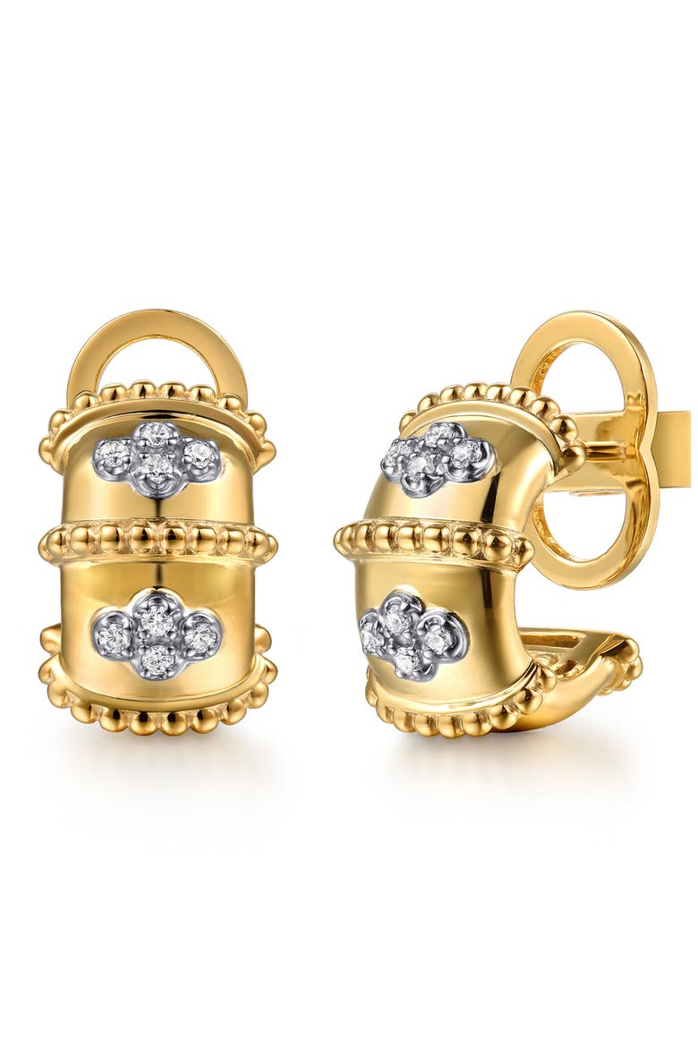 Bujukan Clover Diamond Huggie Hoop Earrings, Main, color, 14K YELLOW/ WHITE GOLD