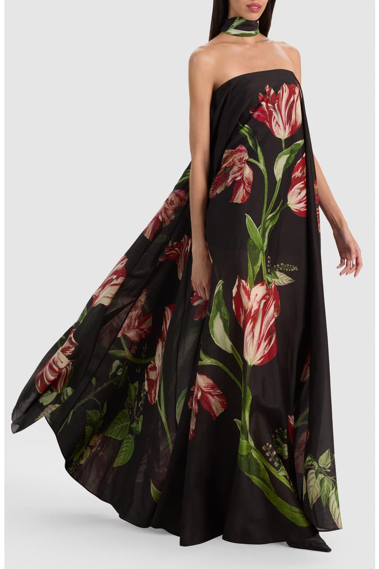 Maricela Strapless Maxi Dress With Scarf, Alternate, color, SOFT TULIP BLACK