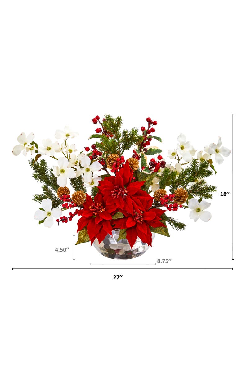 NEARLY NATURAL Poinsettia, Dogwood, Berry and Pine Artificial Arrangement in Silver Vase, Alternate, color, 
