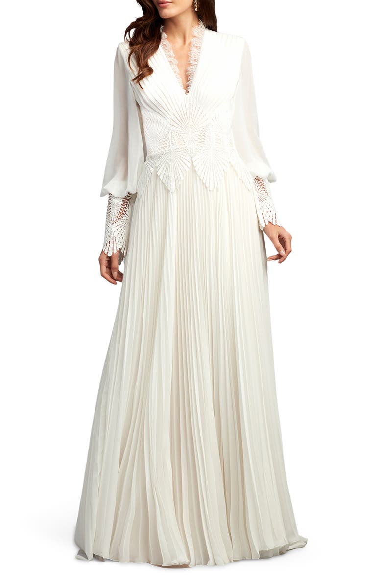 Tadashi Shoji Lace Embroidered Long Sleeve Chiffon Gown, Main, color, 