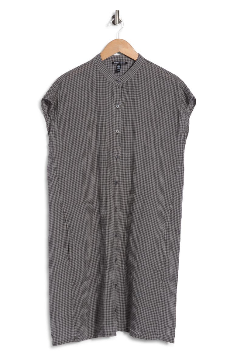 Gingham Organic Linen Mandarin Collar Dress, Main, color, GEYSER