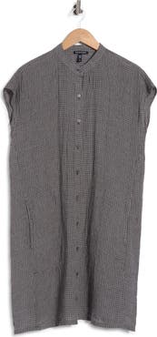 Eileen Fisher Gingham Organic Linen Mandarin Collar Dress