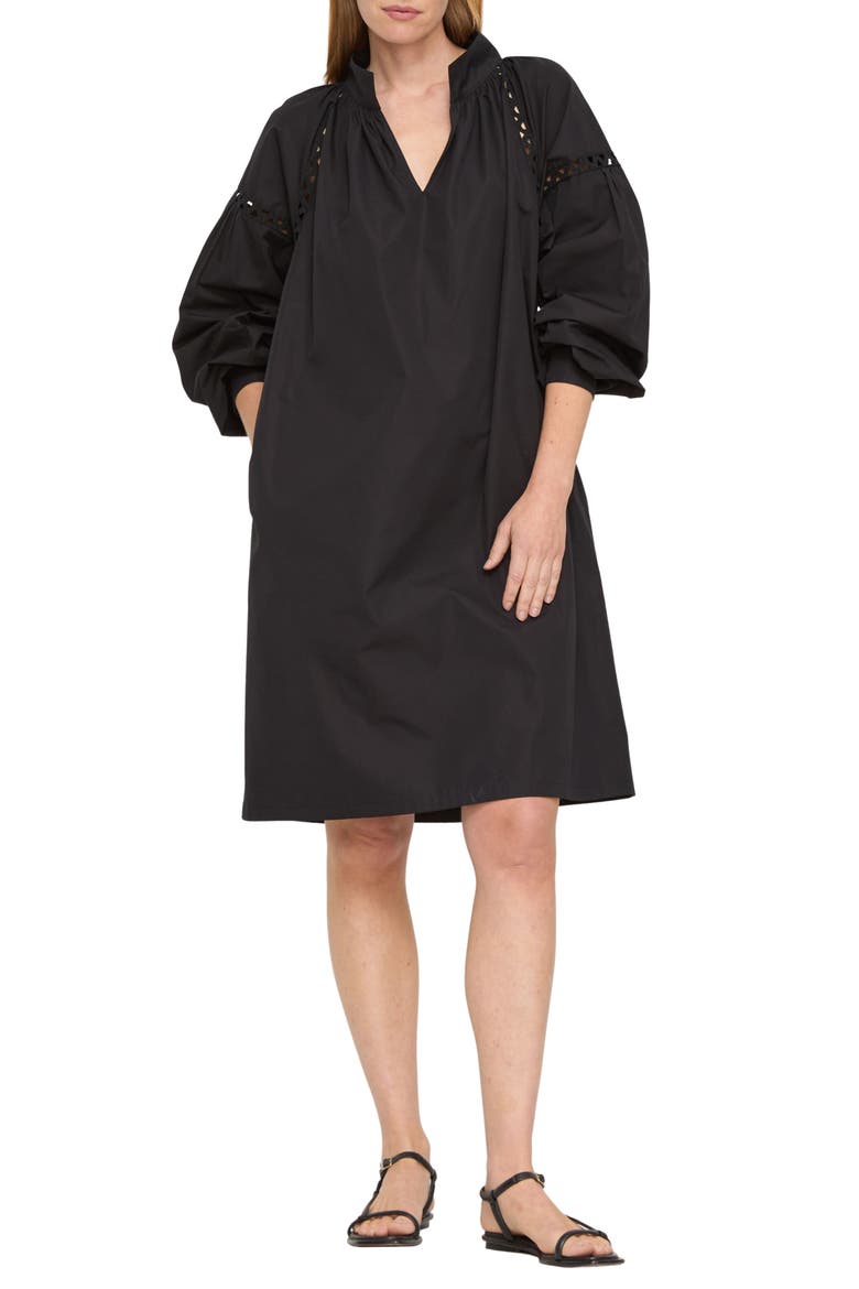 Soutache Trim Long Sleeve Organic Cotton Poplin Popover Dress, Main, color, BLACK