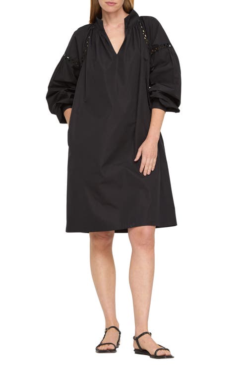 Soutache Trim Long Sleeve Organic Cotton Poplin Popover Dress