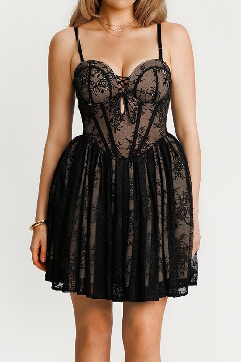 Snatched Lace Convertible Strap Mini Shapewear Romper Cottagecore Dress, Alternate, color, Midnight Black