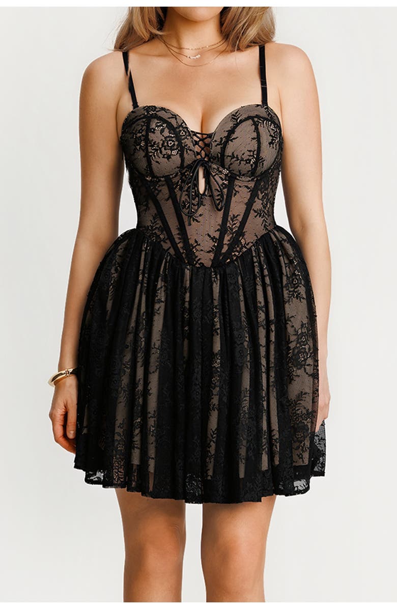 Popilush Snatched Lace Convertible Strap Mini Shapewear Romper Cottagecore Dress, Alternate, color, Midnight Black