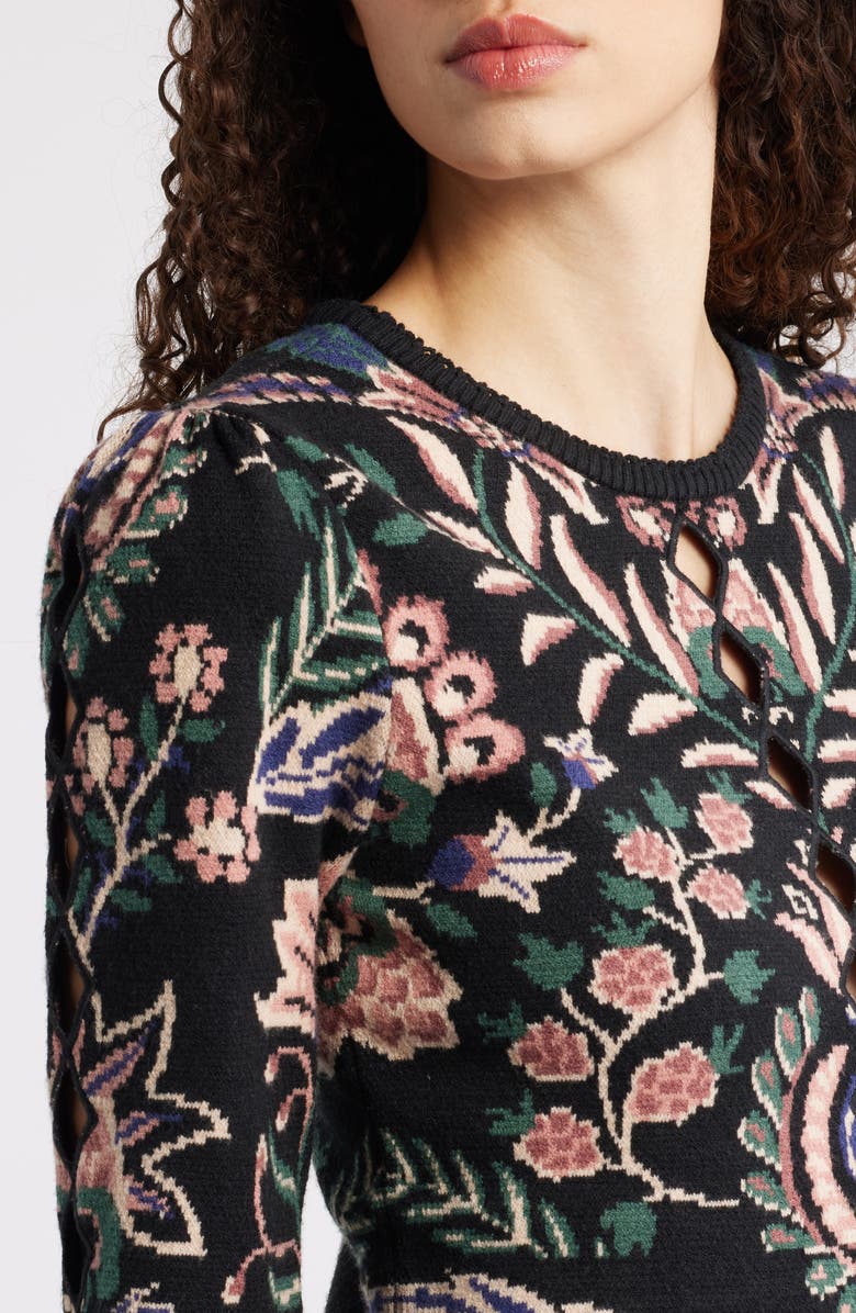 FARM Rio Marvelous Garden Knit Long Sleeve Dress, Alternate, color, Black