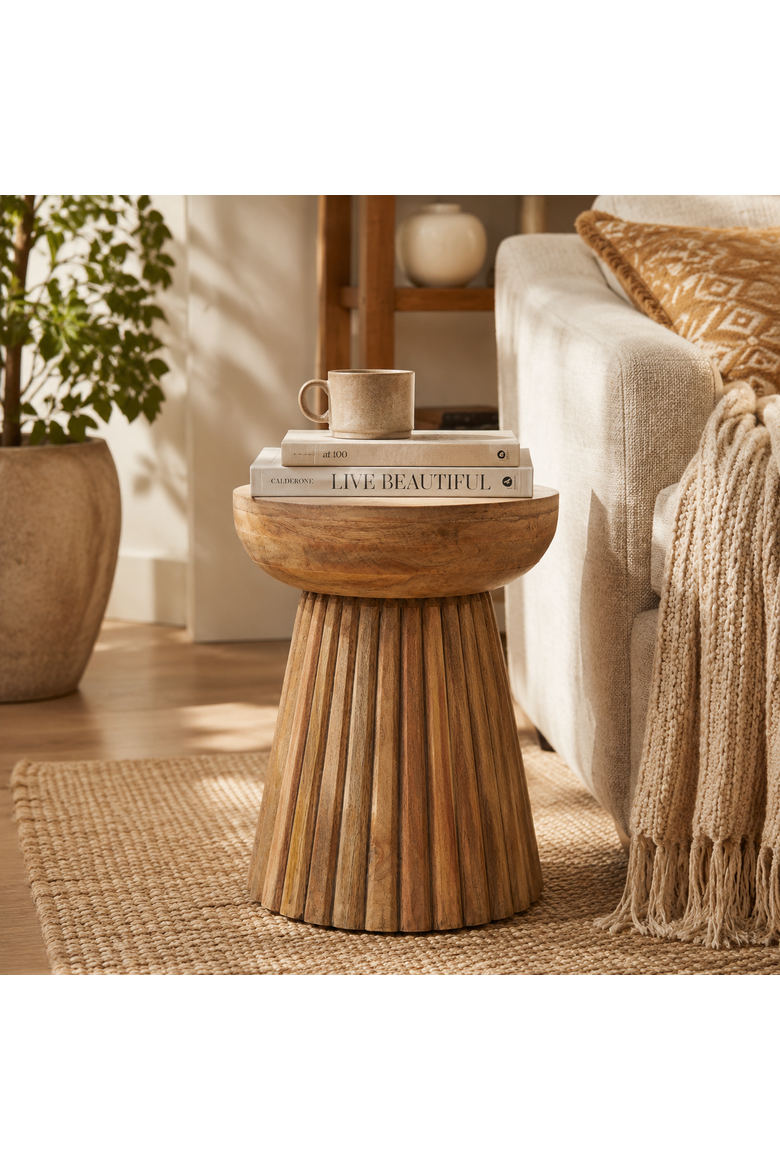 Hand Carved Mango Wood Accent Table Stool, Alternate, color, Natural Brown