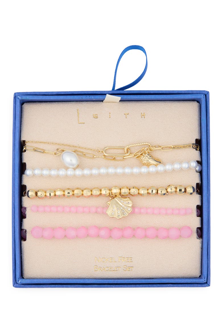 5-Pack Beaded Sea Life Bracelet Set, Main, color, PINK MULTI- GOLD