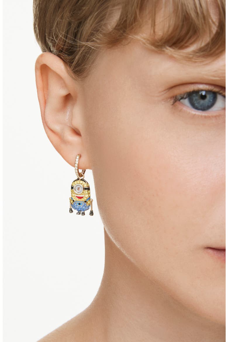 Minions® Stuart Banana Mismatched Crystal Hoop Earrings, Alternate, color, GOLD/ MULTI