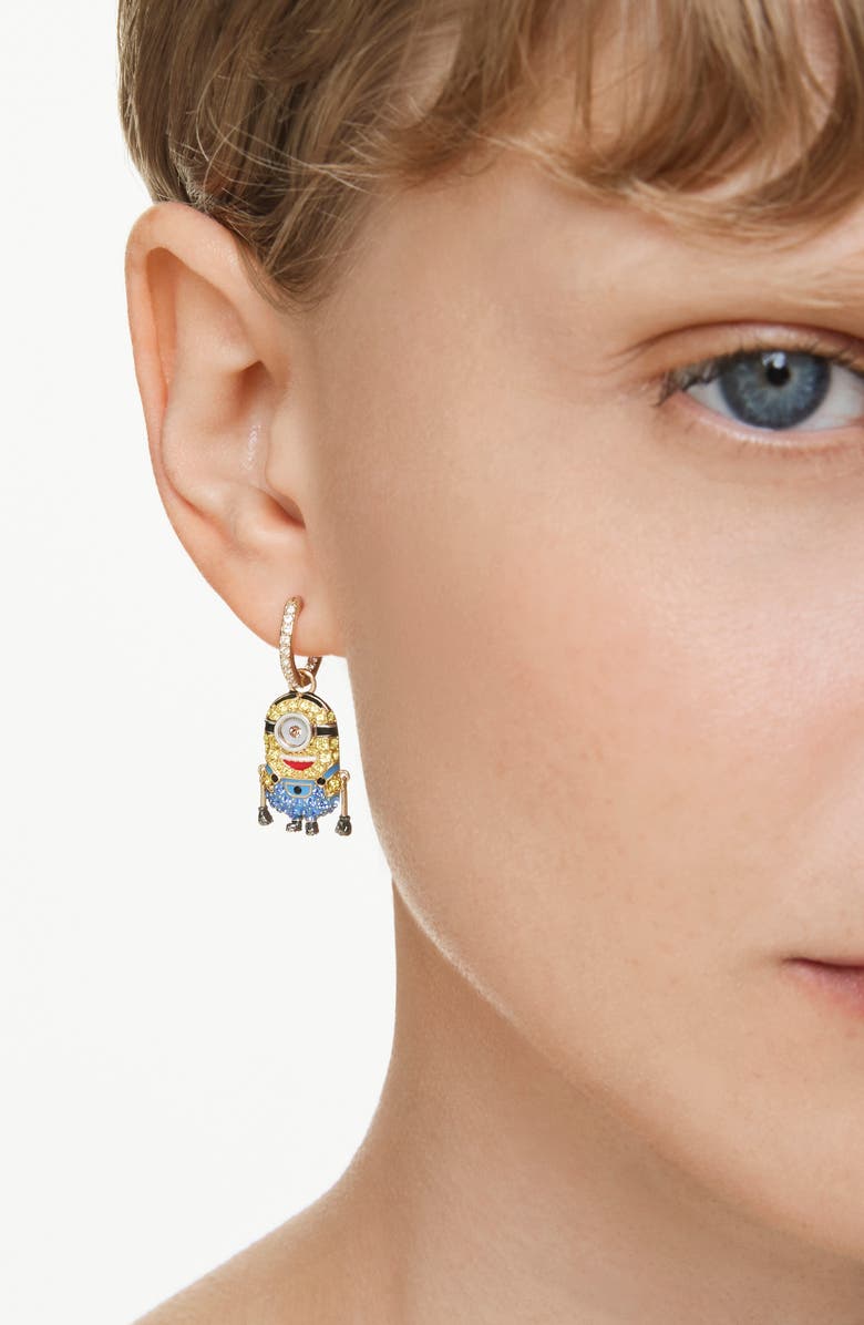 Swarovski Minions<sup>®</sup> Stuart Banana Mismatched Crystal Hoop Earrings, Alternate, color, Gold/ Multi