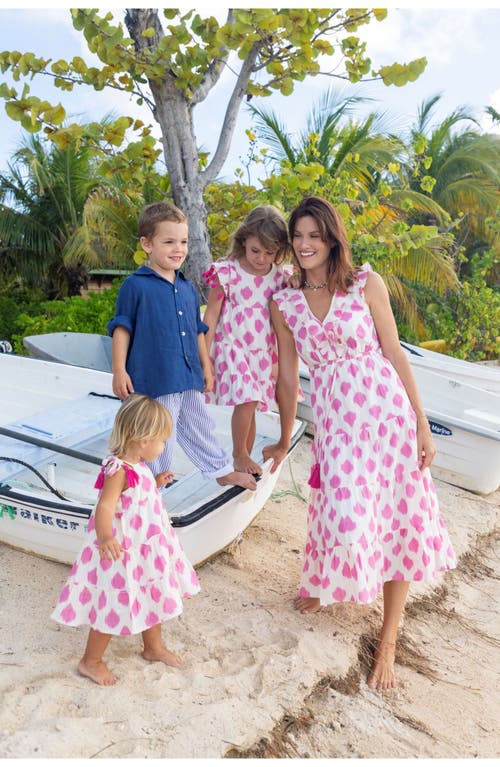 Mer St. Barth Bella Girl's Shoulder Tie Sundress White Pink Ikat In White Pink Ikat