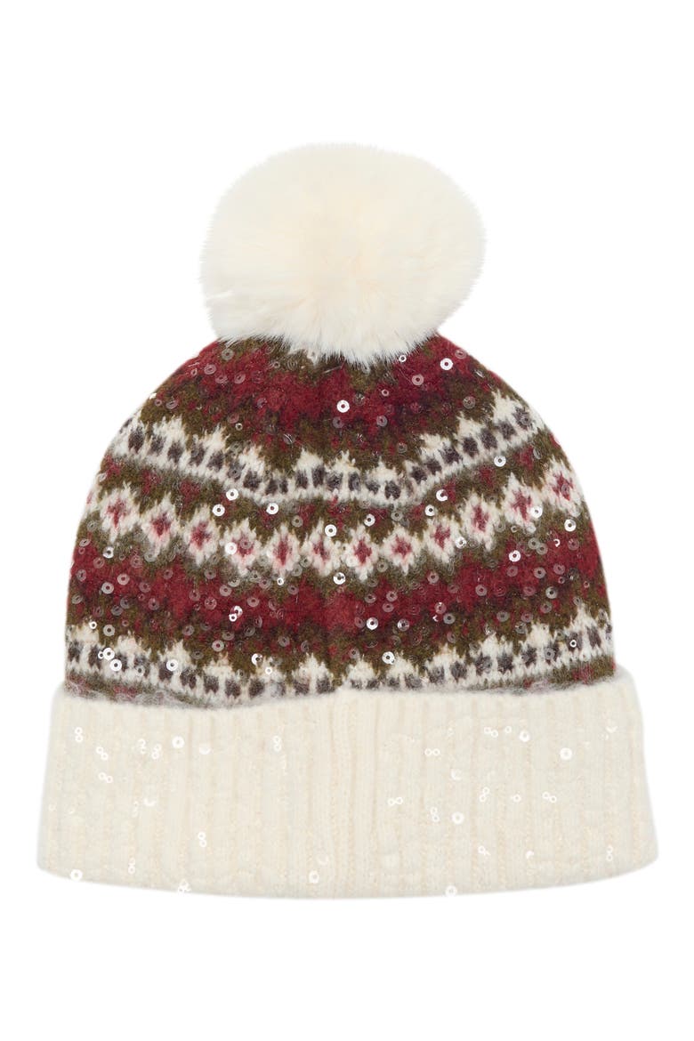 Fair Isle Sequin Beanie, Main, color, OFF WHITE